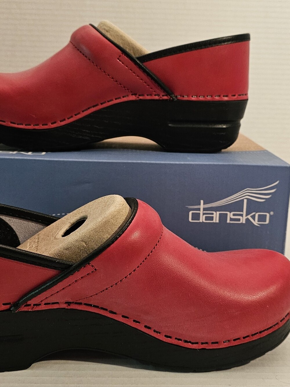 Dansko Red Leather Slip-On Clogs with Black Trim - Picture 2 of 15